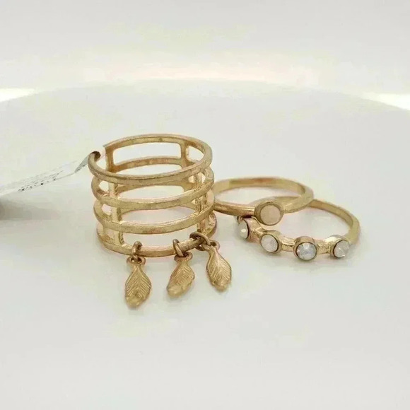 NEW 18k Gold over Silver Boho Opal Leaf Dangle 3 Piece Stack Ring - Picture 2 of 5